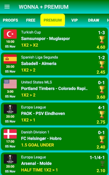Wonna app screenshot showing football betting odds and tips